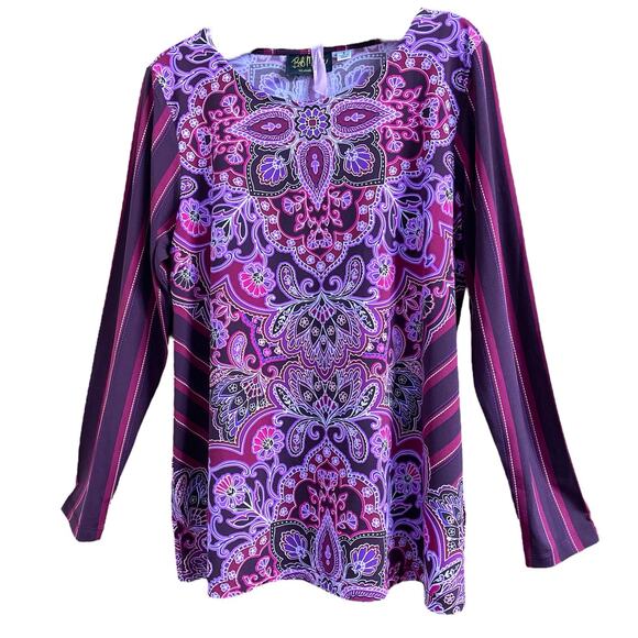 Bob Mackie Purple Paisley Striped Sleeve Top size Small - Picture 1 of 6